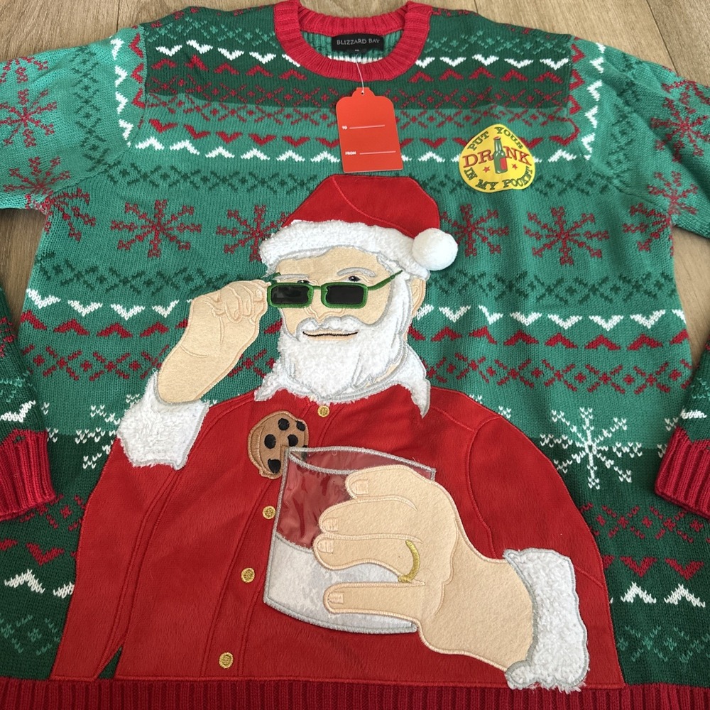 Blizzard Bay Sweater Men's Green Ugly Christmas Santa Cookie Drink Pocket Fun